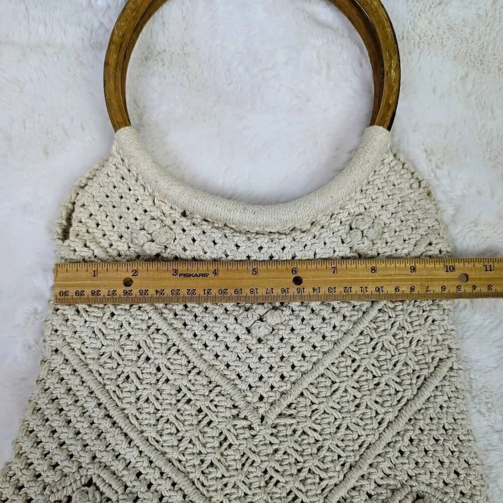 Macrame Bag Natural Crochet Woven Handbag Wood Ring Purse Boho Hand Made - Picture 6 of 9